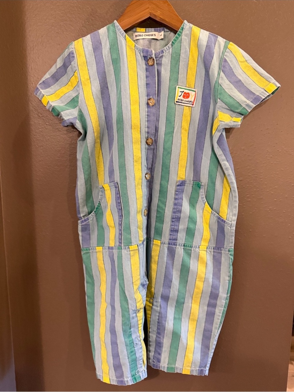 Bobo Choses Striped Short-Sleeve Romper - Blue, Green & Yellow